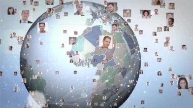 Çeşitli insan simgelerinin ve dünya üzerindeki bağlantı ağının animasyonu. küresel bağlantılar, veri işleme ve dijital arayüz konsepti dijital olarak oluşturulmuş video.