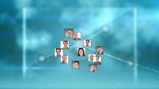 青い背景に人々のアイコンのアニメーション 世界規模のビジネス デジタルインターフェースの概念デジタル生成されたビデオ — ストック動画