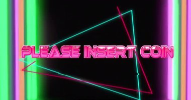 Lütfen siyah arkaplandaki neon ışıklarının üzerine bozuk para yerleştirin. oyun, eğlence ve teknoloji konsepti dijital olarak oluşturuldu.