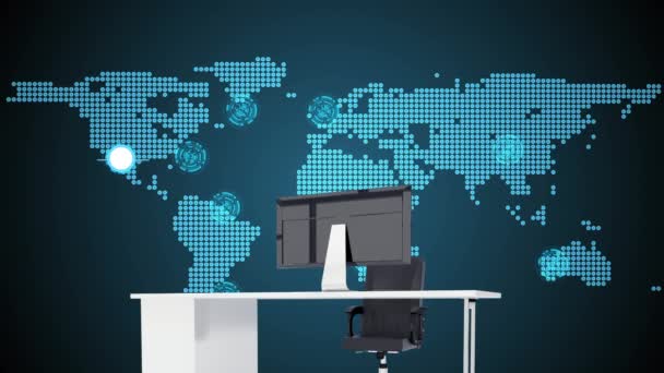 Dünya Haritasında Bilgisayarı Olan Bir Masa Animasyonu Küresel Başarı Bağlantılar — Stok video