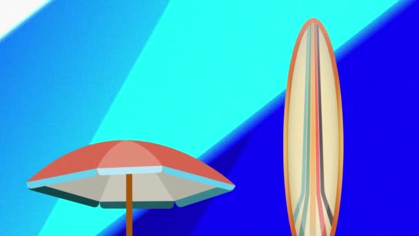 Animación Paraguas Tabla Surf Sobre Cambiante Fondo Colorido Deportes Acuáticos — Vídeo de stock