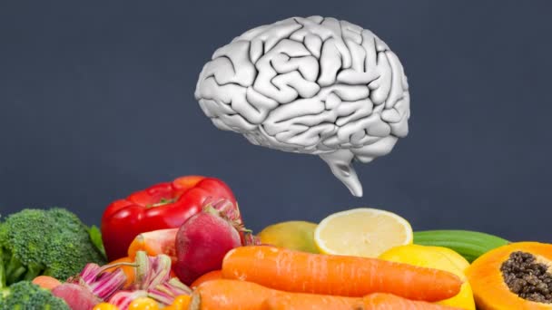 Анимация Мозга Вращающегося Сером Фоне Овощами Фруктами Мышление Здоровое Питание — стоковое видео
