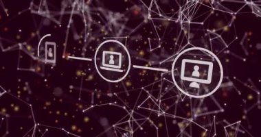 Kahverengi arkaplanda hareket eden simge ve şekillerin canlandırması. renk, hareket, bağlantılar ve dijital arayüz konsepti dijital olarak oluşturulmuş video.