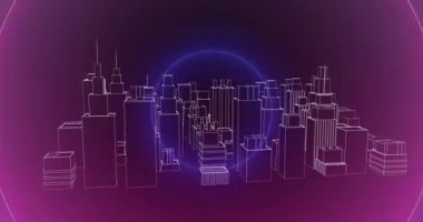 Menekşe arka planda metaevren şehir üzerinde neon dairelerin animasyonu. renk, hareket ve dijital arayüz kavramı dijital olarak oluşturulmuş video.