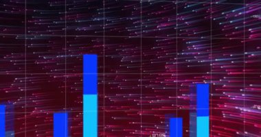 Finansal grafik animasyonu ve dünya haritası pembe ve mavi ışıklarla siyah arkaplan üzerinde. finans ve teknoloji konsepti dijital olarak oluşturulmuş video.