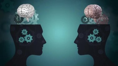 Yeşil arka planda insan kafası modelleri, dişliler ve ampuller üzerinde dönen beyin animasyonları. Harika fikirler, zihin ve düşünce konsepti dijital olarak oluşturulmuş video.