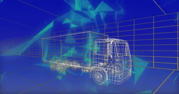 在蓝色背景和形状的基础上的卡车项目动画 技术和数字接口概念 — 图库视频影像