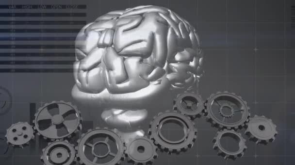 Animación Del Cerebro Girando Sobre Fondo Gris Con Gráficos Engranajes — Vídeo de stock