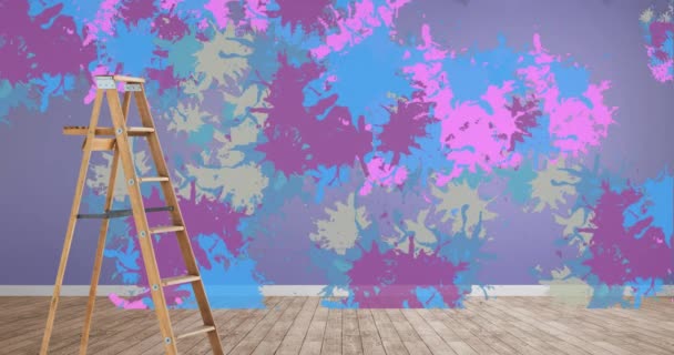 Animation Von Farbspritzern Auf Grauem Hintergrund Mit Leiter Haus Renovierungs — Stockvideo