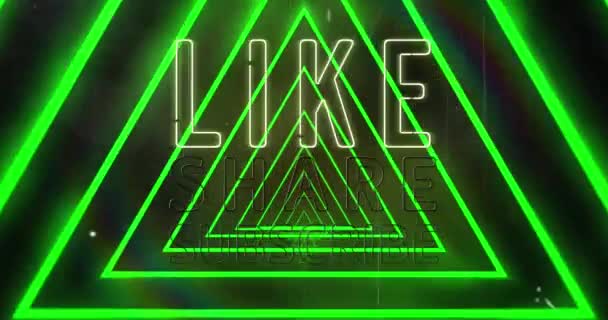 Animation Von Likes Share Subscribe Und Neon Dreiecken Auf Schwarzem — Stockvideo