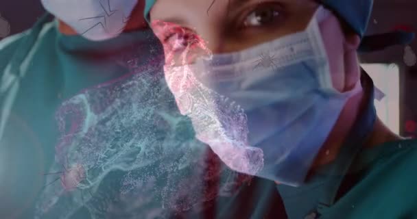 Digital Waves Mosquito Icons Falling Female Surgeon Wearing Surgical Mask — Video