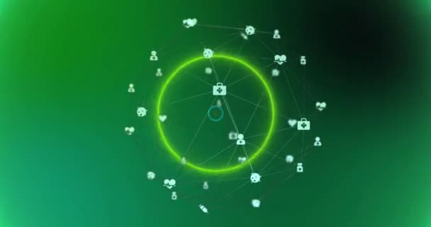 Animation Von Neon Kreisen Über Verbindungen Auf Grünem Hintergrund Farbe — Stockvideo