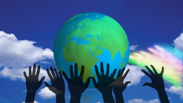 Animatie Van Handen Globe Regenboog Hemel Mondialisering Maatschappelijk Concept Digitaal — Stockvideo