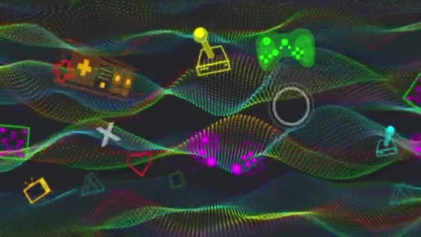 Siyah Zemin Üzerinde Yüzen Neon Simgelerinin Dalgaların Animasyonu Oyun Eğlence — Stok video