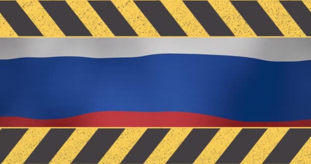 Animatie Van Waarschuwingstape Boven Russische Vlag Wereldwijde Verbindingen Gegevensverwerking Beveiligingsconcept — Stockvideo