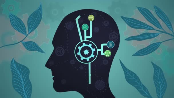 Animation Leaves Human Head Model Icons Gears Green Background Great — Stock Video