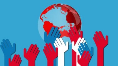 Mavi arka planda dönen kırmızı, beyaz ve mavi ellerin animasyonu. küreselleşme ve toplum konsepti dijital olarak üretilen video.