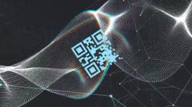 QR kodunun animasyonu, dalgalar ve siyah arkaplan üzerindeki bağlantılar. İletişim, bağlantılar ve teknoloji konsepti dijital olarak oluşturulmuş video.