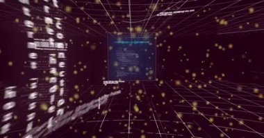 Kahverengi arka planda hareket eden 6 G, nokta ve veri işleme animasyonu. renk, hareket, teknoloji ve dijital arayüz kavramı dijital olarak oluşturulmuş video.