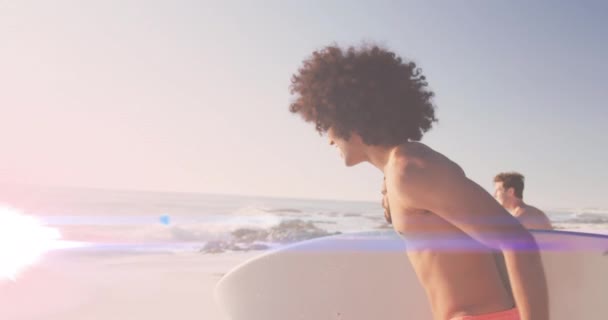 Animation Light Happy Diverse Male Friends Running Beach Surfboards Water — 비디오