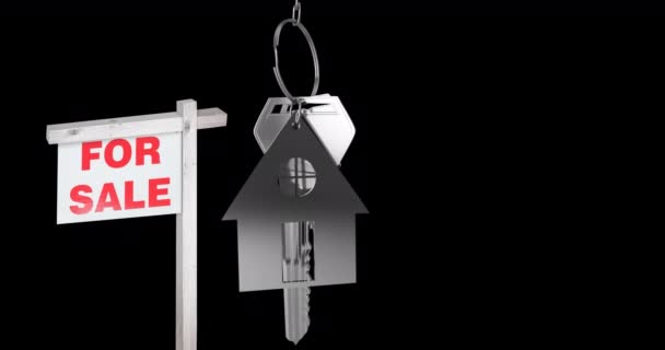Κινούμενο Σχέδιο Σπιτιού Προς Πώληση Και Κλειδιά Σπιτιού Μαύρο Φόντο — Αρχείο Βίντεο