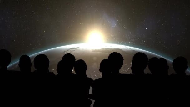 Animacja Ludzi Cienie Globus Słońce Kosmosu Globalizacja Koncepcja Społeczeństwa Wideo — Wideo stockowe