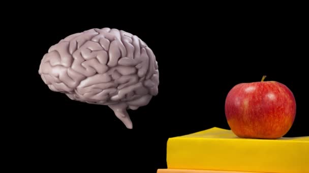 Animación Del Cerebro Girando Sobre Fondo Negro Con Manzana Mente — Vídeo de stock