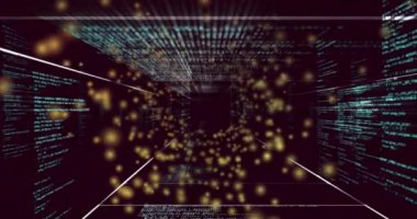Siyah arka plandaki veri işleme üzerinde sarı noktaların animasyonu. renk, hareket, teknoloji ve dijital arayüz kavramı dijital olarak oluşturulmuş video.