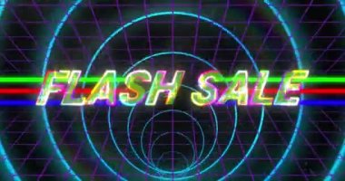 Siyah dijital uzayda flaş satışı ve neon dairelerin animasyonu. ticaret, iş, promosyon ve satış konsepti dijital olarak oluşturulmuş video.