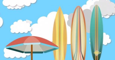 Gökyüzünde hareket eden bulutlarla birlikte şemsiye ve sörf tahtalarının animasyonu. su sporları, aktif yaşam tarzı ve tatiller dijital olarak üretilen video konsepti.