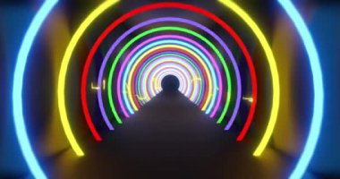 Siyah arka planda neon halkalar üzerinde flash satışın animasyonu. ticaret, iş, promosyon ve satış konsepti dijital olarak oluşturulmuş video.