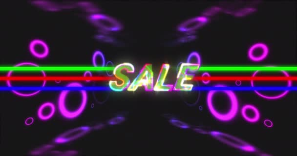 Animation Sale Neon Circles Lights Black Background Trade Business Promotions — Stock Video