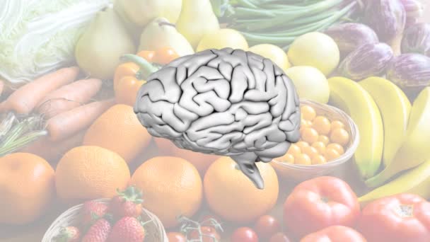 Animación Del Cerebro Girando Sobre Frutas Verduras Mente Pensamiento Alimentación — Vídeo de stock