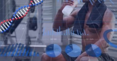 DNA ve grafiklerin animasyonu mutlu Afrika kökenli Amerikalı bir adamın su içip spor salonunda dinlenmesi üzerine. spor, aktif yaşam tarzı, rekabet ve bilim konsepti dijital olarak oluşturulmuş video.