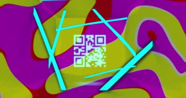 qr kodunun ve neon çizgilerinin arkaplandaki rengarenk şekillerle canlandırılması. renk, hareket, teknoloji ve dijital arayüz kavramı dijital olarak oluşturulmuş video.