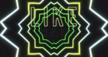 Siyah arkaplandaki neon ışıklarının animasyonu, paylaşımı, aboneliği. Sosyal medya, iletişim ve teknoloji konsepti dijital olarak oluşturulmuş video.