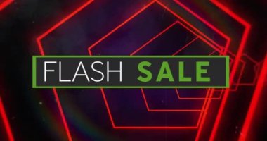 Flaş satışının animasyonu ve siyah arka planda neon altıgenler. ticaret, iş, promosyon ve satış konsepti dijital olarak oluşturulmuş video.