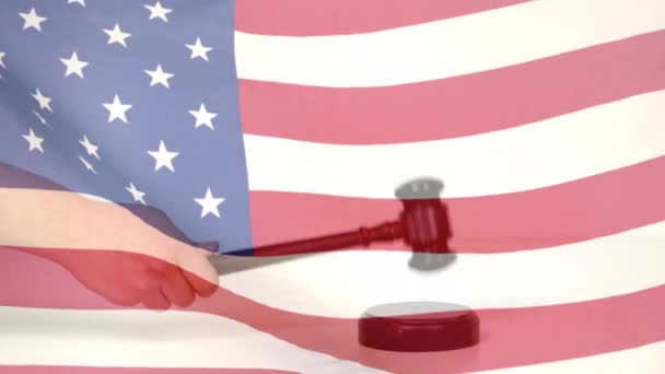 Composite Video Waving American Flag Hand Banging Gavel American Law — ストック動画