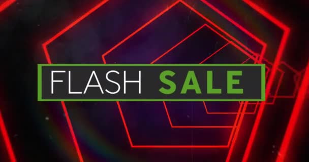 Κινούμενα Σχέδια Του Flash Sale Και Neon Hexagons Μαύρο Φόντο — Αρχείο Βίντεο