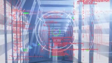 Sunucu odasında veri işleme ve tarama animasyonu. küresel teknoloji, veri işleme ve dijital arayüz kavramı dijital olarak oluşturulmuş video.