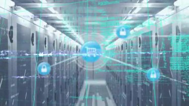 Sunucu odasındaki parazit, veri işleme ve bağlantı ağının animasyonu. küresel teknoloji, veri işleme ve dijital arayüz kavramı dijital olarak oluşturulmuş video.