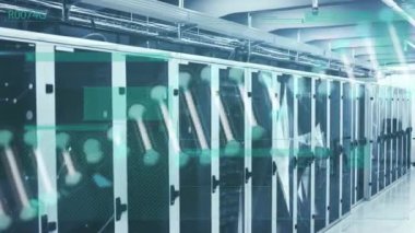 Sunucu odasında parazit ve DNA izi var. küresel teknoloji, veri işleme ve dijital arayüz kavramı dijital olarak oluşturulmuş video.