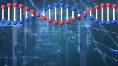 Sunucu odasındaki veri işleme ve DNA iplikçiklerinin animasyonu. küresel teknoloji, bağlantılar ve dijital arayüz konsepti dijital olarak oluşturulmuş video.