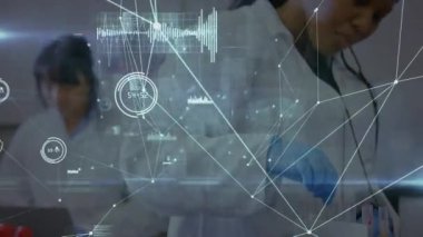Animation of network of connections over female african american scientist. global science, connections, data processing and digital interface concept digitally generated video.
