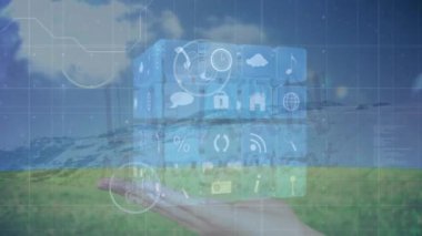 Manzara üzerindeki simgelerle bağlantı ağının animasyonu. küresel ağlar, bağlantılar ve dijital arayüz konsepti dijital olarak oluşturulmuş video.