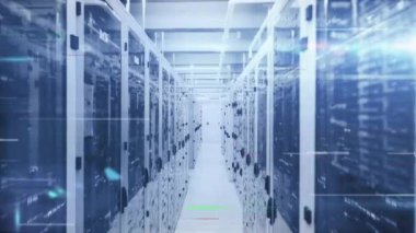 Sunucu odasında parazit var. küresel teknoloji, bağlantılar ve dijital arayüz konsepti dijital olarak oluşturulmuş video.