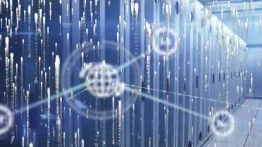 Sunucu odasında veri işleme animasyonu. küresel teknoloji, bağlantılar ve dijital arayüz konsepti dijital olarak oluşturulmuş video.
