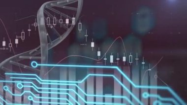Siyah arka planda veri işleme ve DNA iplikçiklerinin animasyonu. küresel teknoloji, bağlantılar ve dijital arayüz konsepti dijital olarak oluşturulmuş video.