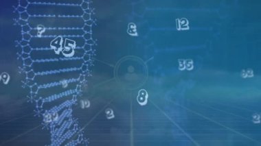 Sayıların animasyonu ve DNA iplikçikleri gökyüzü üzerinde bulutlarla olan bağlantılar. küresel bilim, veri işleme ve teknoloji konsepti dijital olarak oluşturulmuş video.