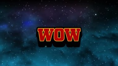 Kayan yıldız ve parlayan ışık lekeleri üzerine kırmızı harflerle Vay Canlandırması. Video oyunu ve iletişim konsepti dijital olarak oluşturuldu.